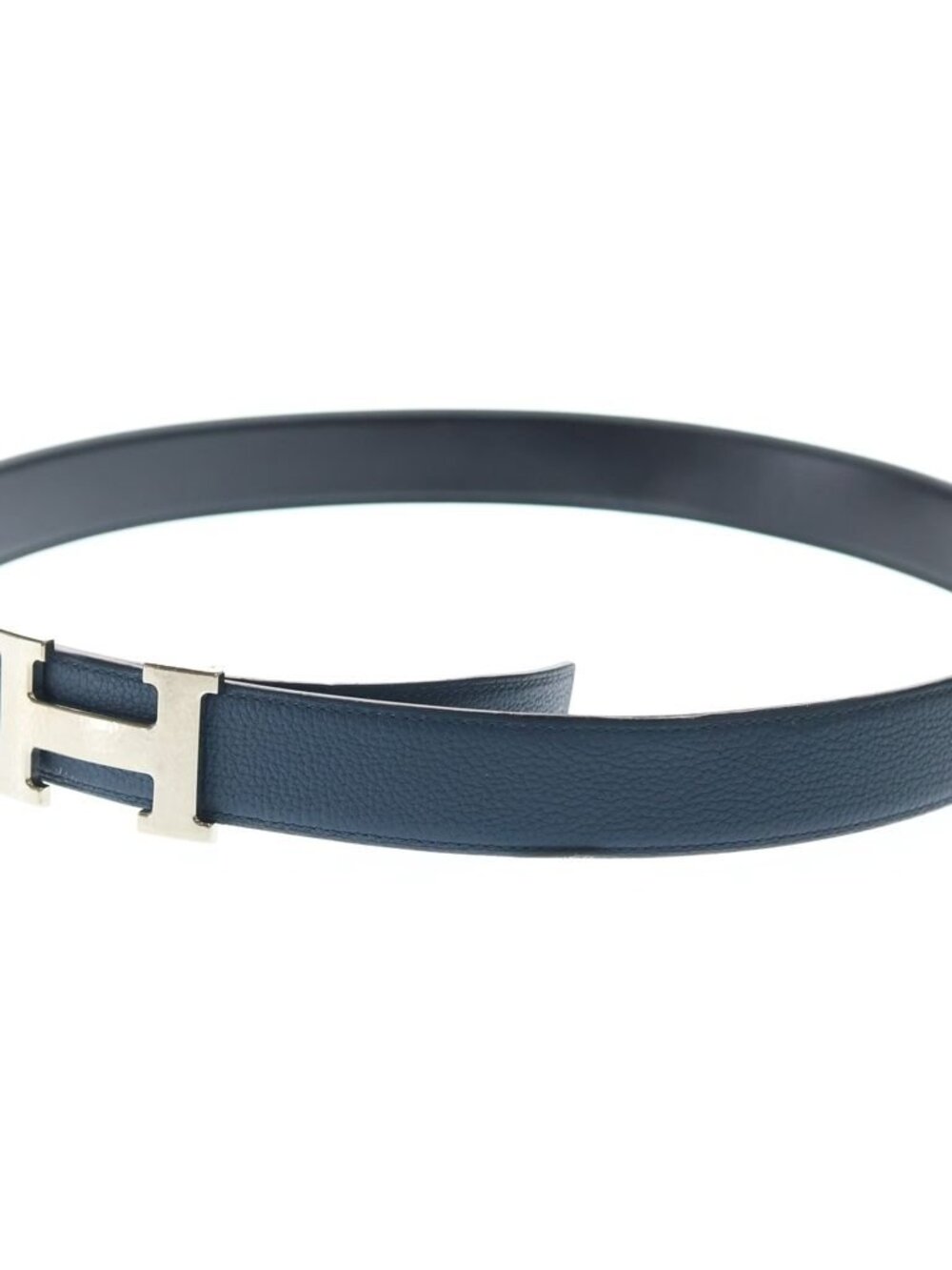 Hermes Buckle Constance Martelee Silver Reversible Leather Belt Navy Black